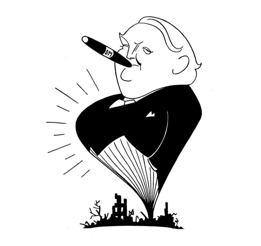 Karikatur: aufgeblasener Mann mit Zigarre als Ballon steigt über zerstörter Stadt auf.